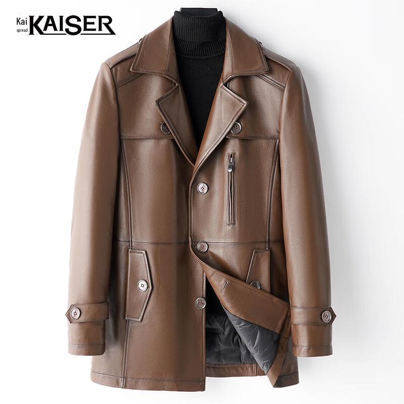 KAISER Men's Mid-Length Cowhide Leather Trench Coat