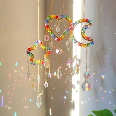 Colorful Glass Crystal Suncatcher Moon Star Heart Hanging Pendants Rainbow Prism Wind Chimes Garden Home Decor