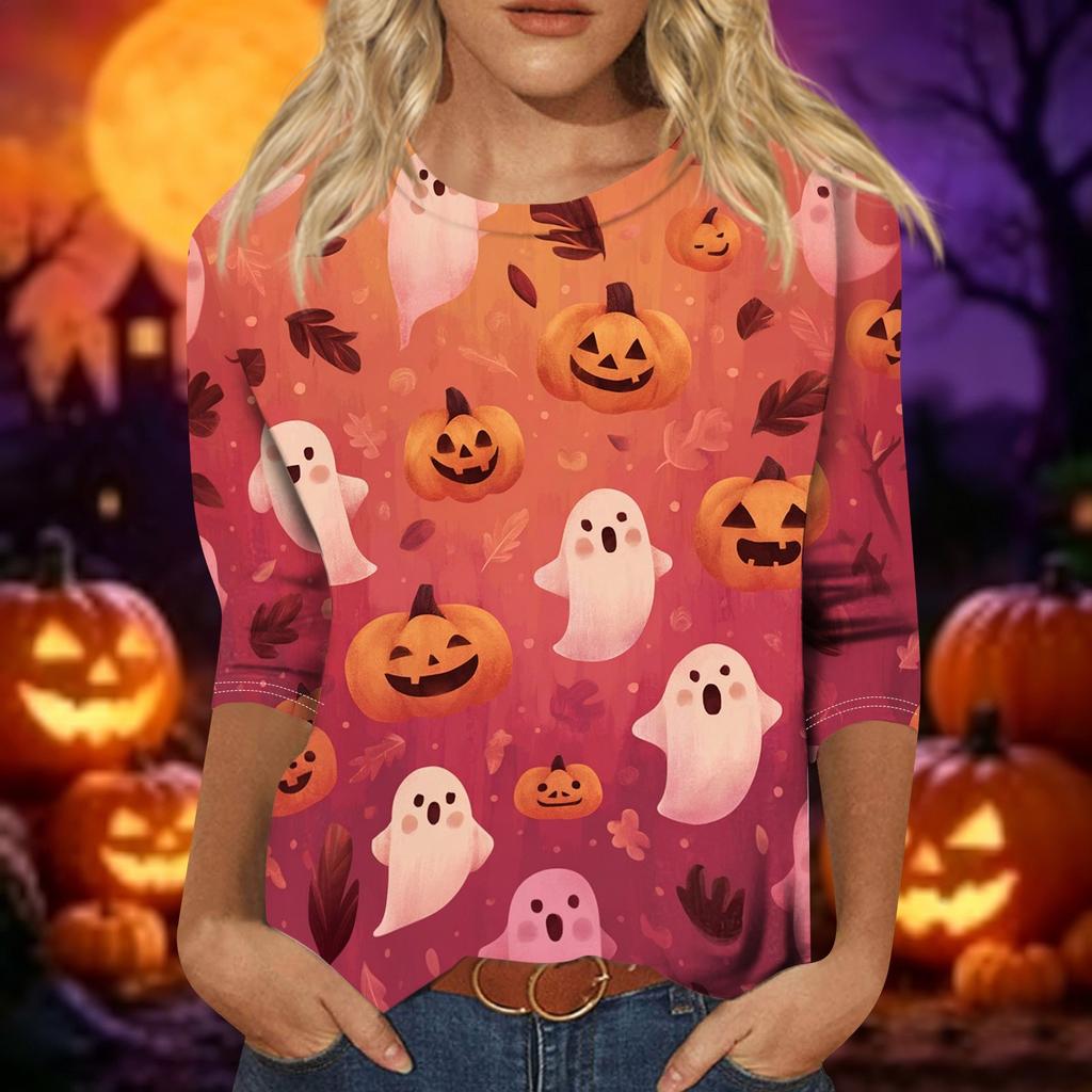 Women's Casual Halloween Print Pullover Top Three Quarter Sleeve Round Neck Shirt Lightweight Comfortable Fabric