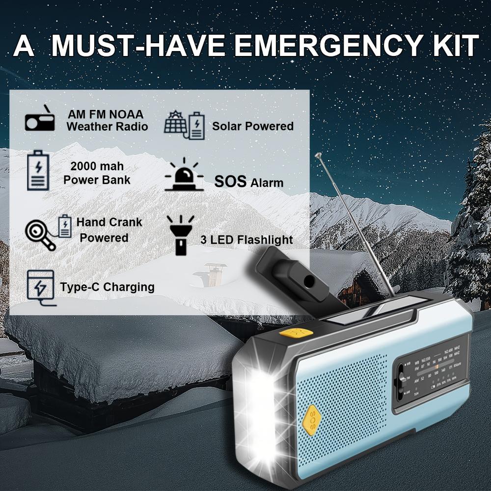 Hand Radio Portable AM/FM Radio, Weather Broadcast Emergency Hand Light Strip, Type-C Mobile Phone Charger and SOS Alarm Function