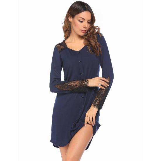 

Long Sleeve Nightgowns for Women V Neck Lace Patchwork Nightshirts Fake Placket Button Down Mini XL темно-сірий
