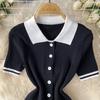 Two 2 Pieces Set for Women Summer Sexy Polo Collar Short Sleeve Buttons Knit Top and Elastic Waist Mini Pleated Skirt Suits