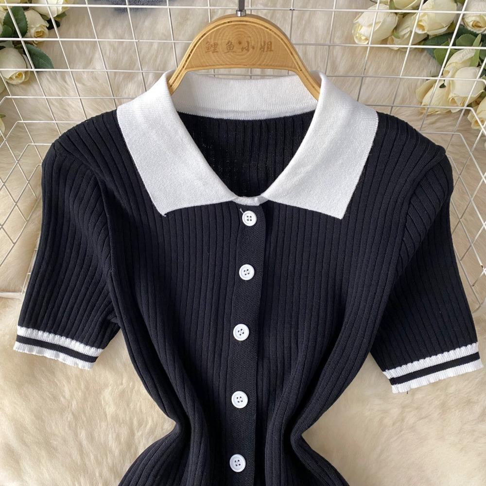 Two 2 Pieces Set for Women Summer Sexy Polo Collar Short Sleeve Buttons Knit Top and Elastic Waist Mini Pleated Skirt Suits