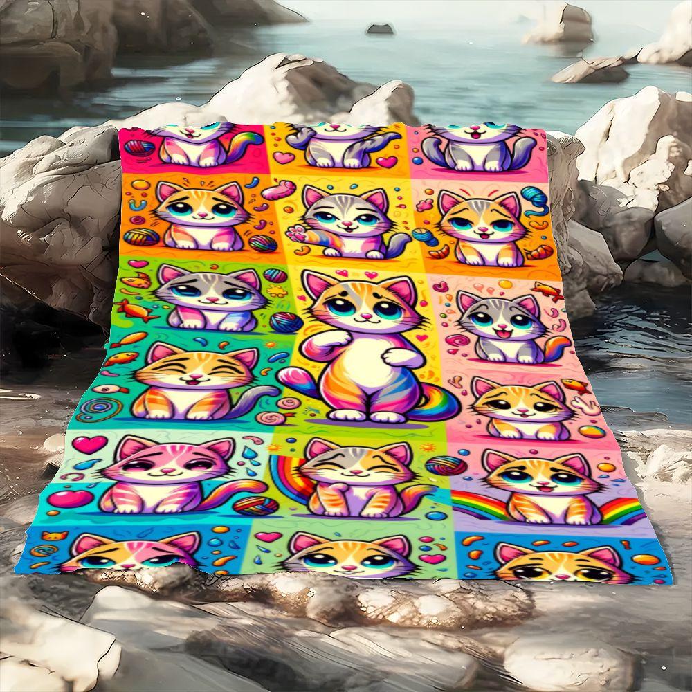 Vibrant Cartoon Cat Throw Blanket - Colorful 5x3 Grid of Cute Cat Designs with Expressive Faces, Whimsical Elements Like Hearts