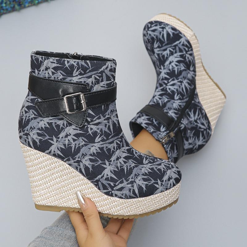 Women's Autumn Belt-Buckle Short Martin Boots, Leopard-Print Wedge Chelsea Style, Available In Large Sizes.