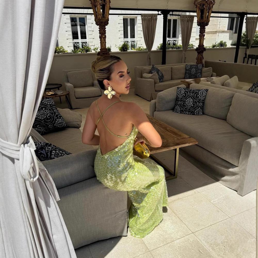 Sequin Halterneck Backless Long Dress - Sexy Slim Fit for Women