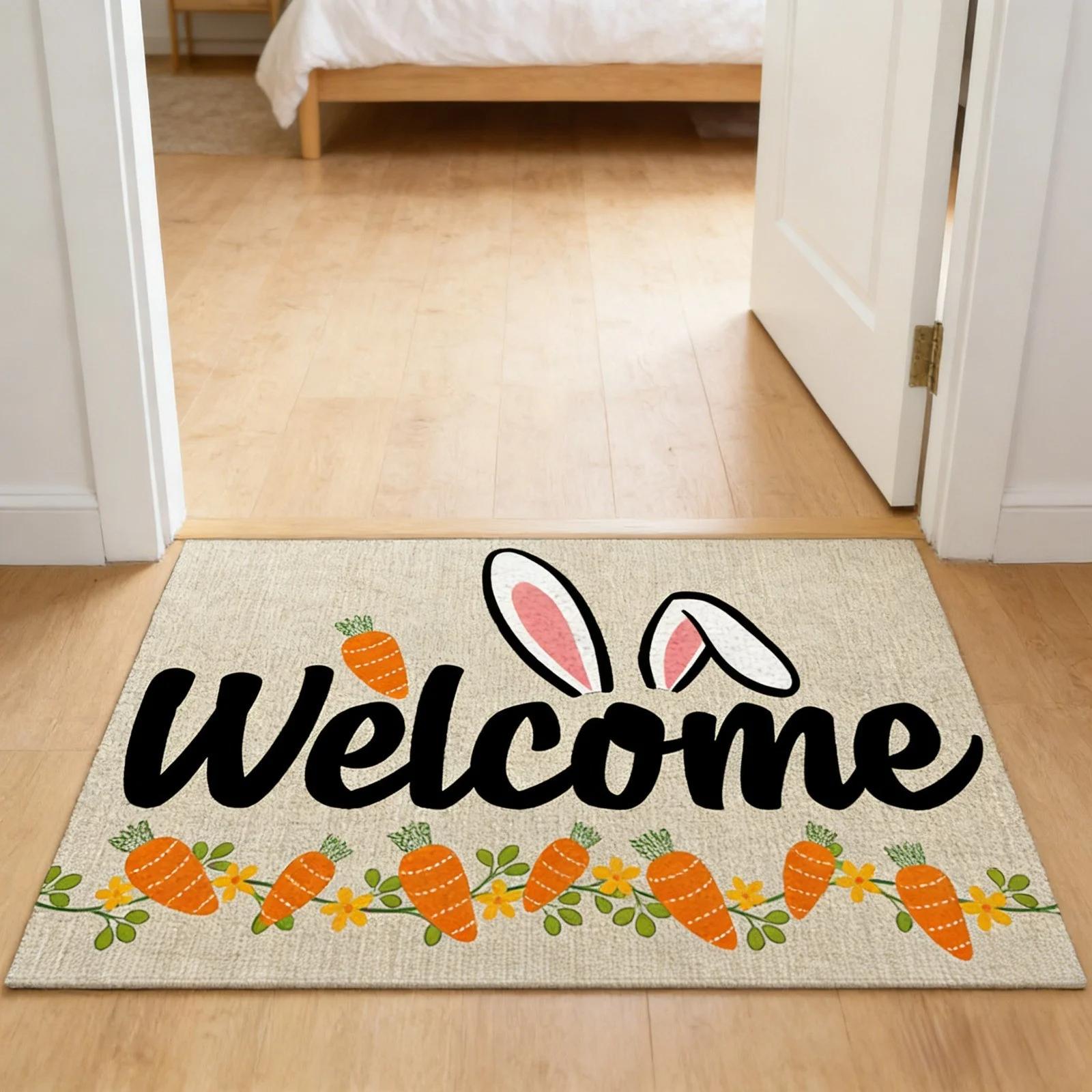 

Happy Easter Doormat Outdoor Natural Rabbits Welcome Non- Front Mat Decorative Rugs For Indoor Home Farmhouses Entrance Porch Easter Day Party Decor One Size