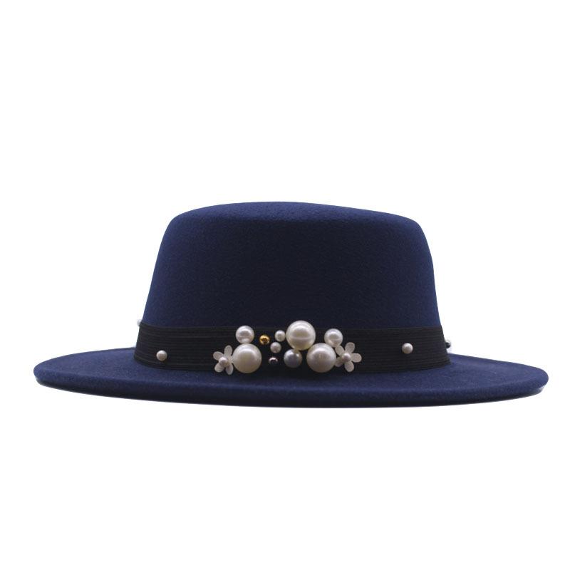 New Flat Top Flat Brim Top Hat Men's and Women's Retro Pearl Fashion British Woolen Hat
