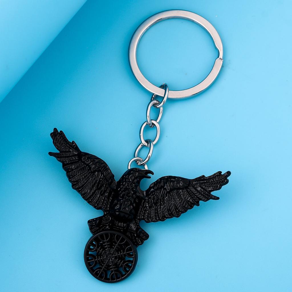 Vintage Viking Black Crow Necklace Odin Raven Compass Rune Pendant Keychain for Men Women Gothic Jewelry