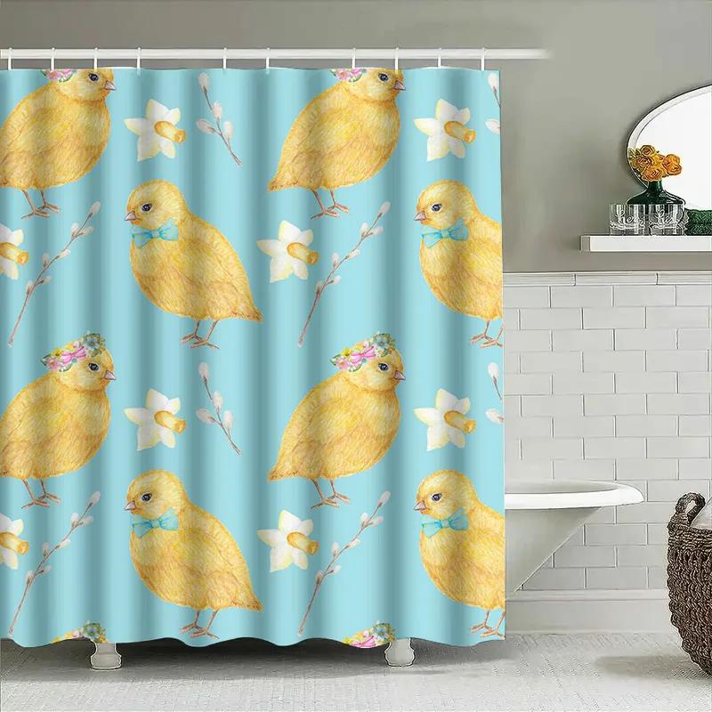 Charming Yellow Chicks Spring Flowers Shower Curtain Blue Print Decorative Home Bathroom Liner Set with Rod
