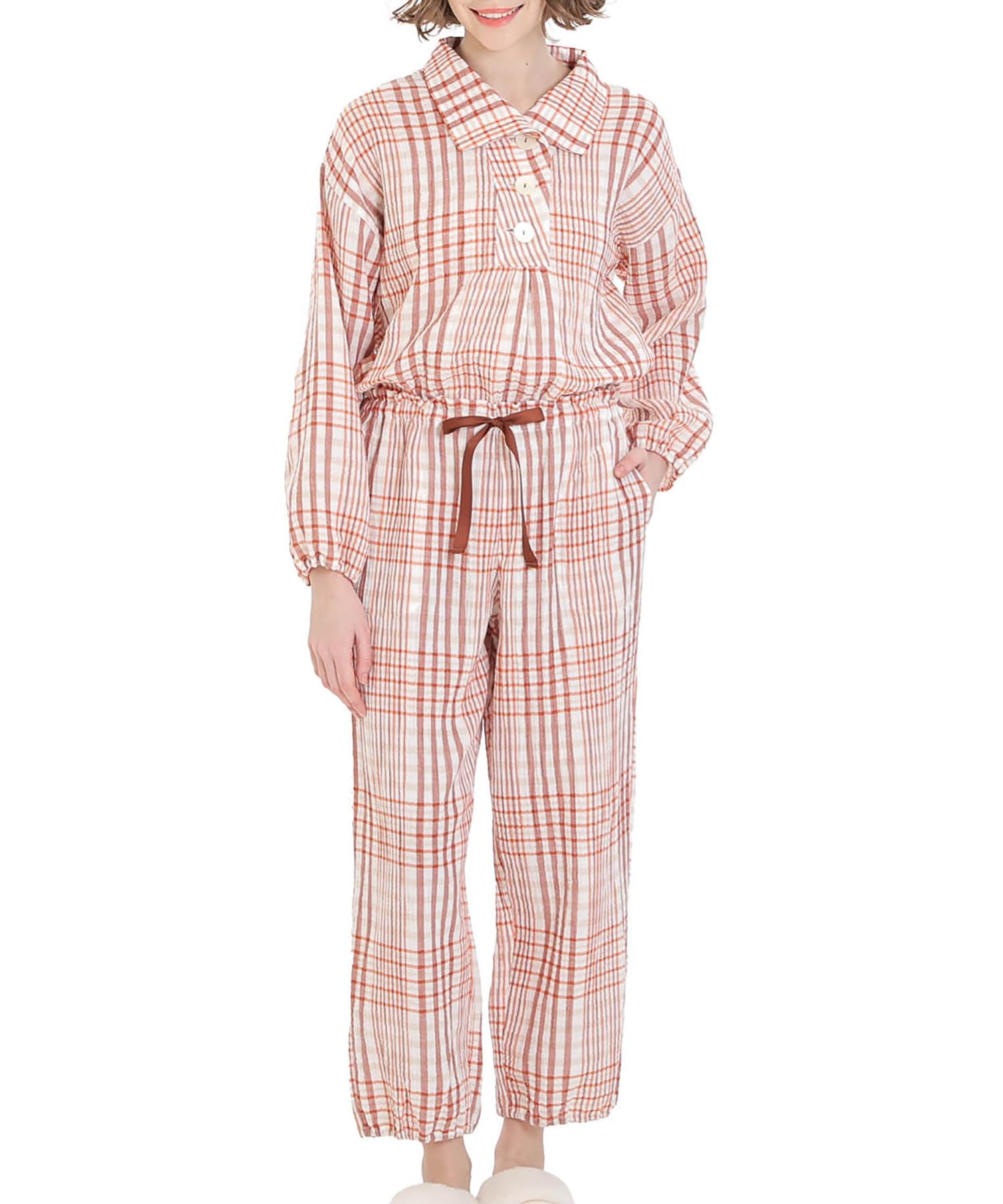 

Narue Checkered Pajama Cream Puff Gauze Women s Set, (R) оранжевый