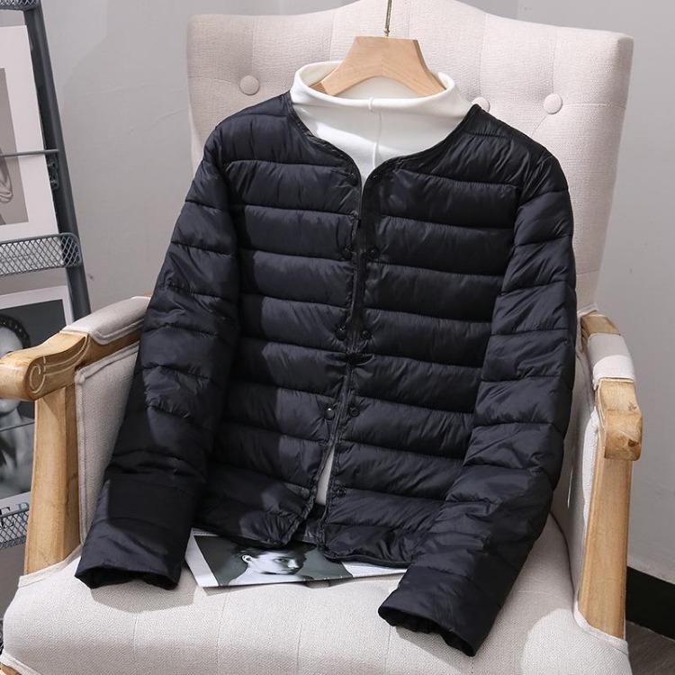 Leichte Daunen-Baumwolljacke für Damen Herbst Winter Vielseitig zum Layering Kurz Rund V-Ausschnitt