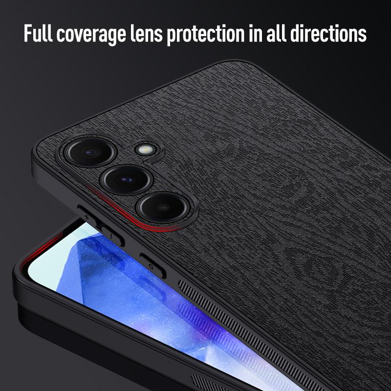 For Samsung Galaxy A55 5G Phone Case Wood Texture Leather Coated PC+TPU Anti-drop Cover