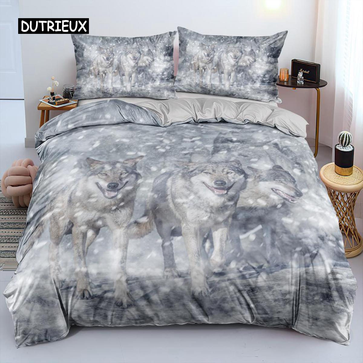 

Wolf Bedspread Cover Package Queen Size Size Wolf Running In The Snow Twin Size Bed Ensemble Polyester Safari Animals Comforter Cover for Kids Boys EU single(135x200cm)