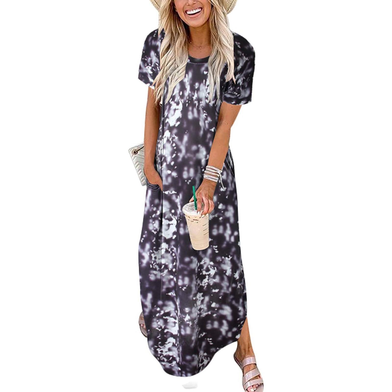 

Summer Ladies Tie- Print Large Yards Long Loose Short-Sleeved Open Dress XXL Темно-синій