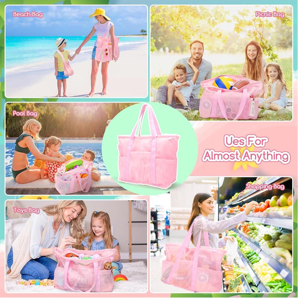 Mesh Beach Bag With Zipper Large Beach Tote Waterproof Sandproof With 8 Pockets For Toys Pool Bag Beach Accessories
