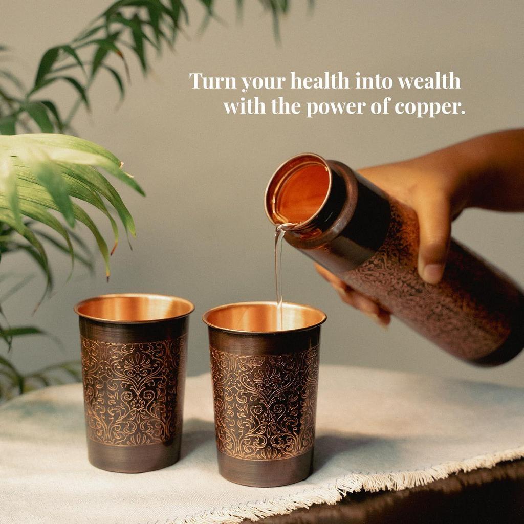 Pure Copper Water Bottle with Glass Set | Antimicrobial, Antioxidant & BPA Free, Boosts Immunity, Support Digestive Health (950 Ml 2x 300ml)