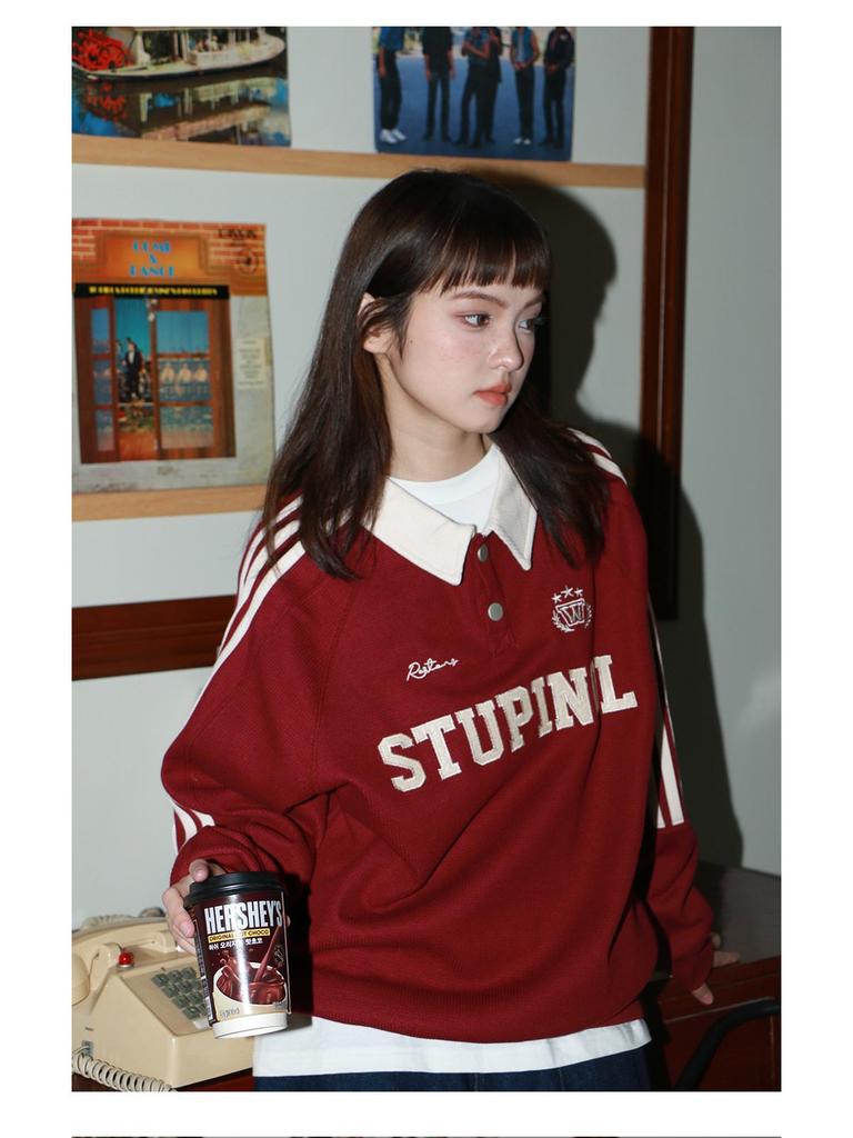 Women's Striped Polo Collar Sweatshirt - Korean Style with American Letter Embroidery