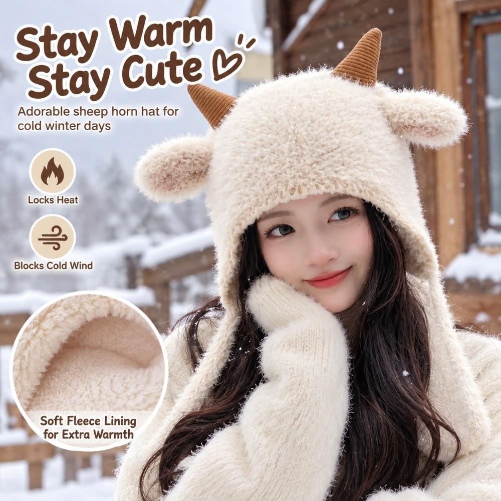 Fleece Lined Knitted Hat Korean Style Sheep Horn Hat Cute Trapper Hat Cold Weather