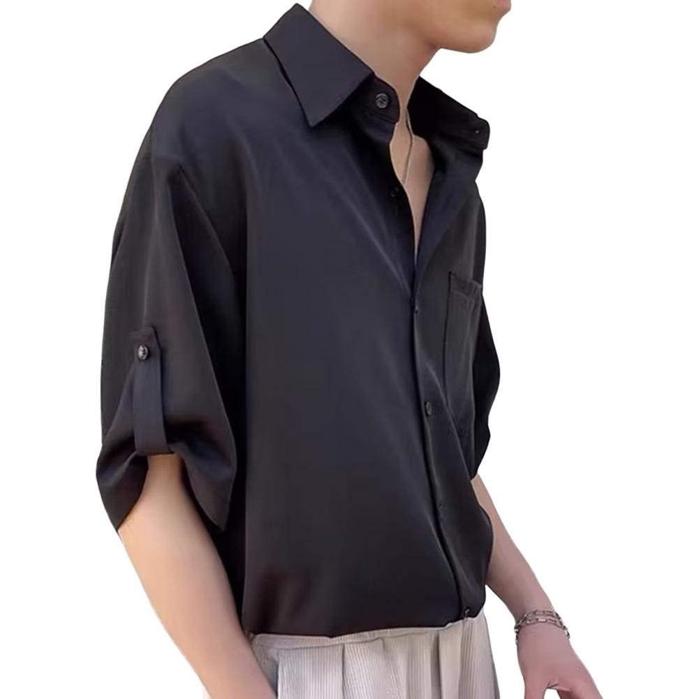 Men Summer Shirt Solid Color Buttons Lapel Half Sleeves Single-breasted Loose Chest Pocket Cufflink Soft Breathable Quick-drying