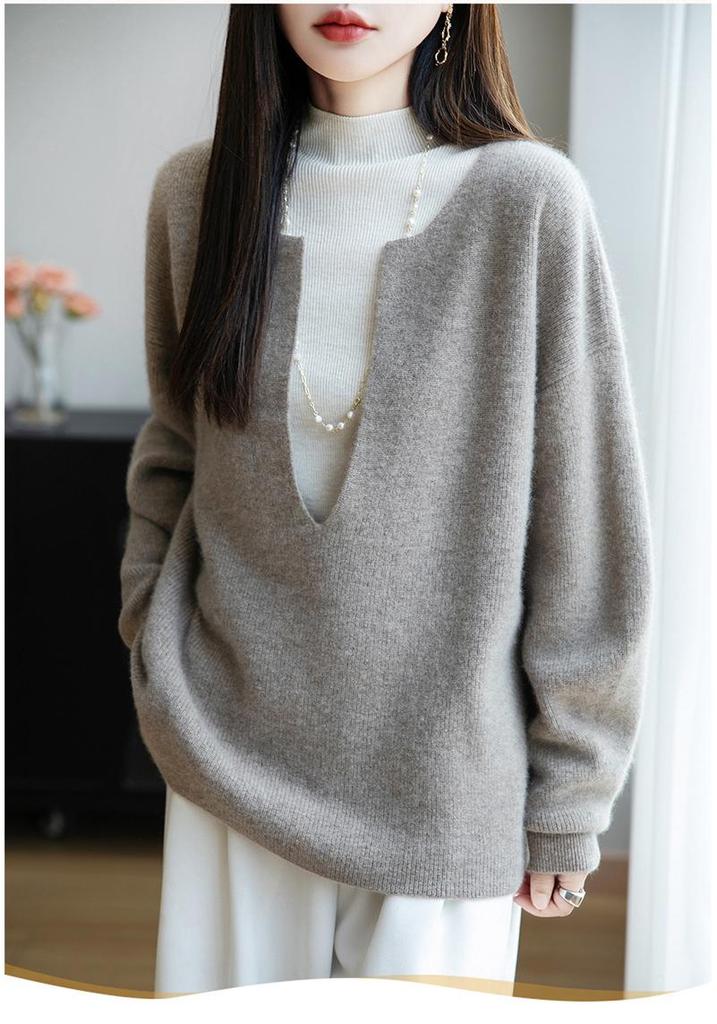 Women's Stand Collar Wool Sweater - Long Sleeve, Loose Fit, Versatile Knit Pullover for Autumn/Winter