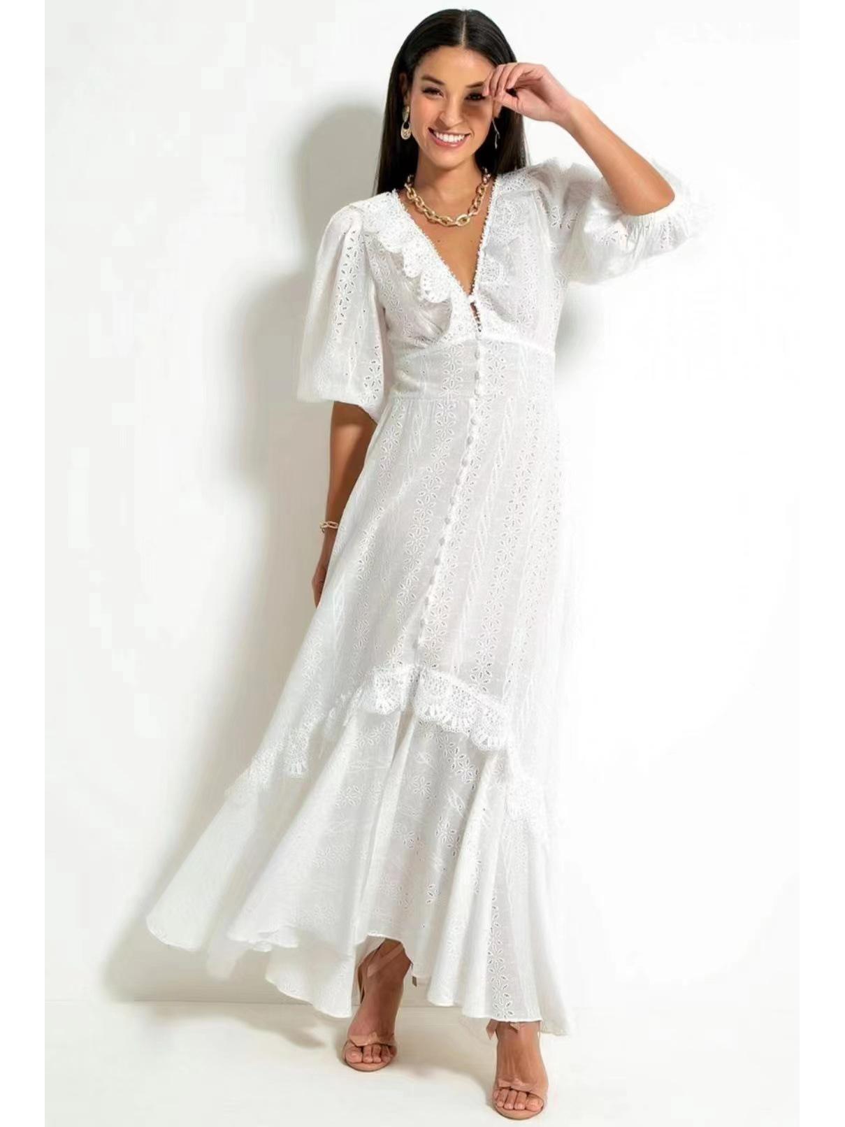 

2023 Австралийское однобортное длинное платье с V-образным вырезом и рукавами-фонариками для женщин Extra Large белый