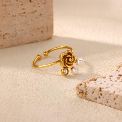 Rose Titanium Steel Ring Women's Non-fading Adjustable Niche Light Luxury Inlaid Pearl Zircon Ring