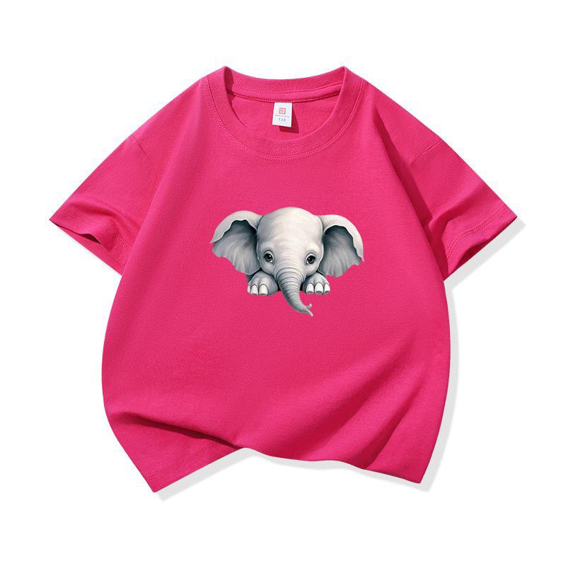 Kids Cotton T Shirt Cute Peeking Little Elephant Print Crew Neck Short Sleeve Tee Casual Breathable Boys Girls Summer Tops