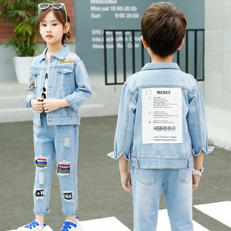 Denim Children's Suit Jacket Pants Set  Spring/autumn   Korean Style Cross-border Fashion for Boys Girls