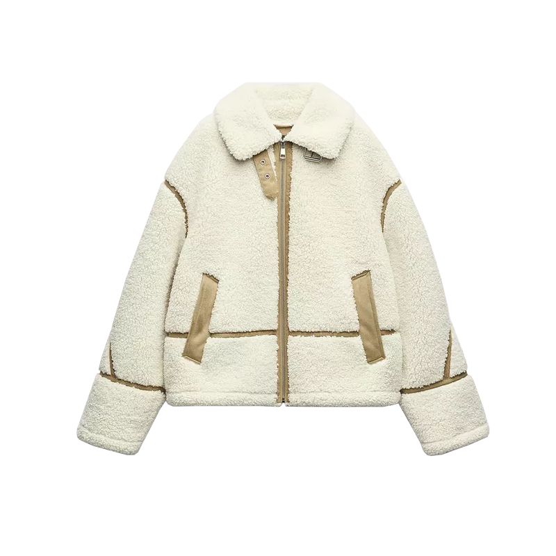 

Autumn and Winter New Women clothes Korean Style Loose Fleece Double-sided Long sleeve Lapel Crop jacket Outerwear 6318267 Ben White L