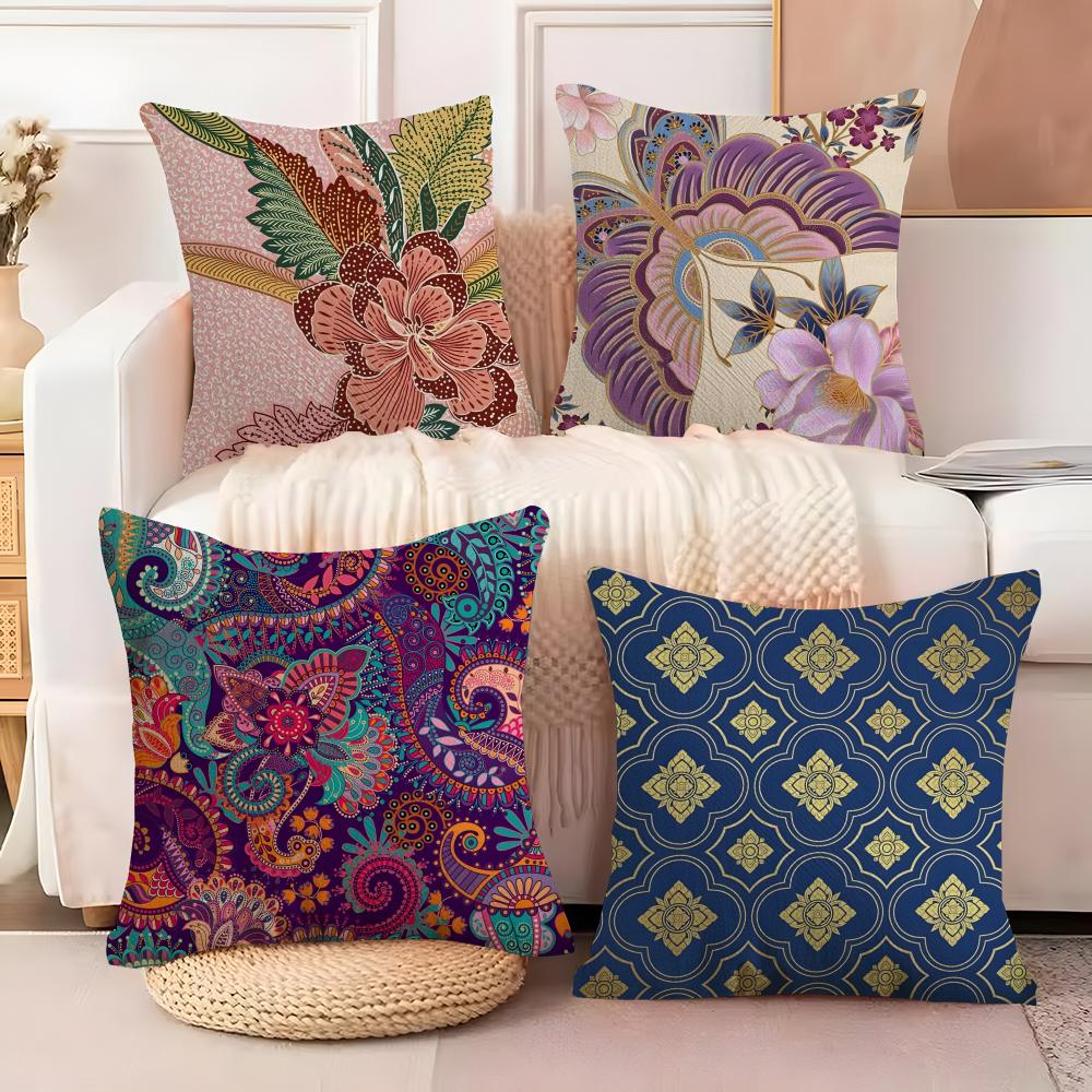 Indonesia Batik Design Cushion Cover Soft Plush Fabric Double-Sided Printed Sofa Cushion Cover for All Seasons Home Decor Gift