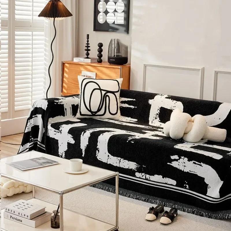 Line Art Chenille Sofa Cover Morden Style Universal Couch Towel for Living Room Soft Short Plush Orange Throw Blanket Slipcovers