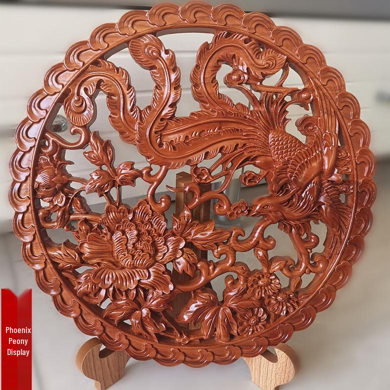 Peach Wood Peony Phoenix Feng Shui Pendant: Soaring Phoenix with Peony Vermilion Bird Ornament for Auspiciousness