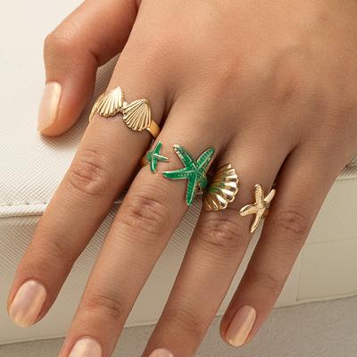 Bohemian Seaside Style Starfish and Shell Ring Set, Oil-dropped Color-blocking Stackable Vacation Style Women's Rings