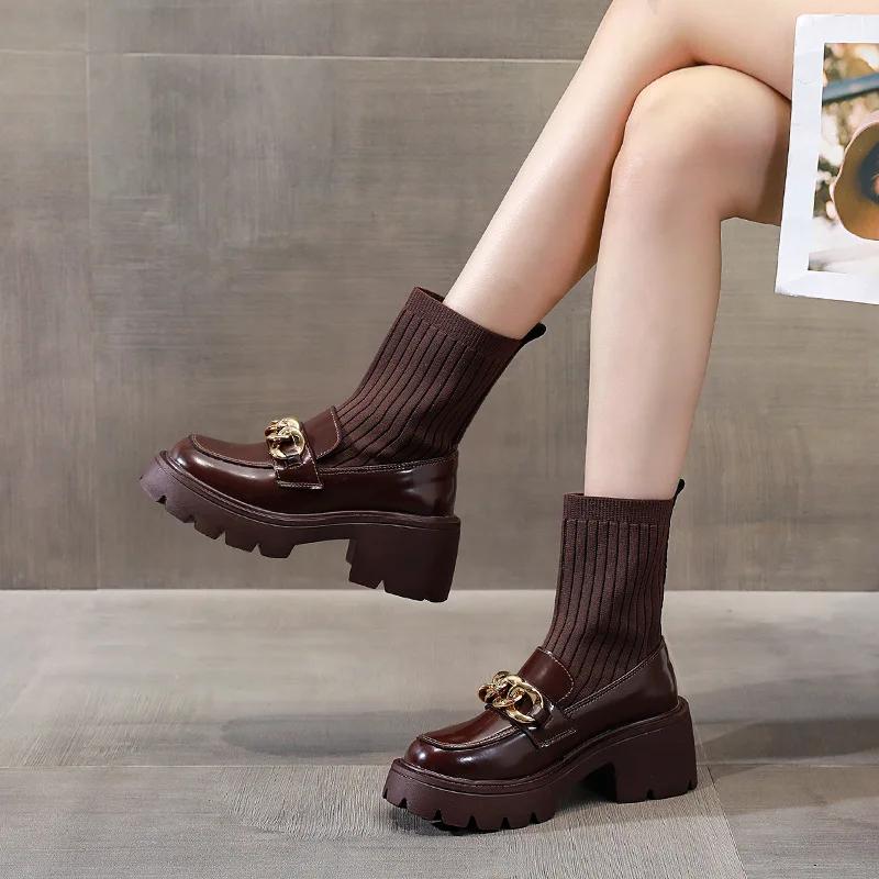 Fashion 7CM Women's Loafers Socks Boots 2024 New Thick-soled Leather Shoes Single Shoes Small Size Elastic Boots Snow boots