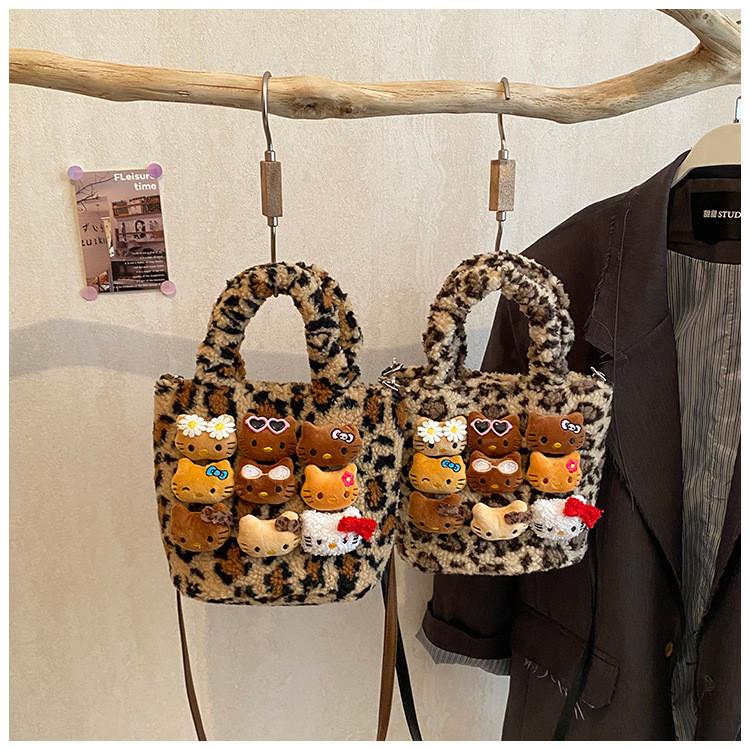 Hello Kitty Plush Black Cat Handbag With Leopard Print And Magnetic Closure For Daily Use