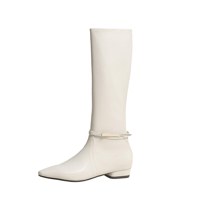 Neue Britische Schlupfstiefel Damen Spitzzehe Niedrige Blockabsätze Kniehohe Stiefel Spaltleder Lässige Herbst Winterschuhe