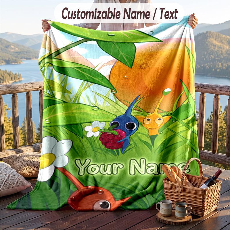 Custom Text Flannel Throw Blanket, Lightweight Cozy Bed Sofa BlanketPikmin