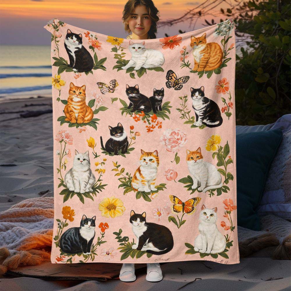 1Pc  Minimalist Line Art Cat Print Flannel Blanket Soft Cozy Warm Throw Blanket For Bedroom Living Room Couch