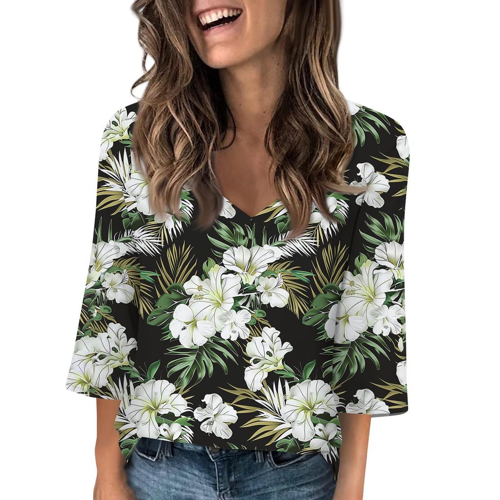 Dámská trička s výstřihem do V a 3/4 rukávy, ležérní trička, základní letní trička, volný svetr