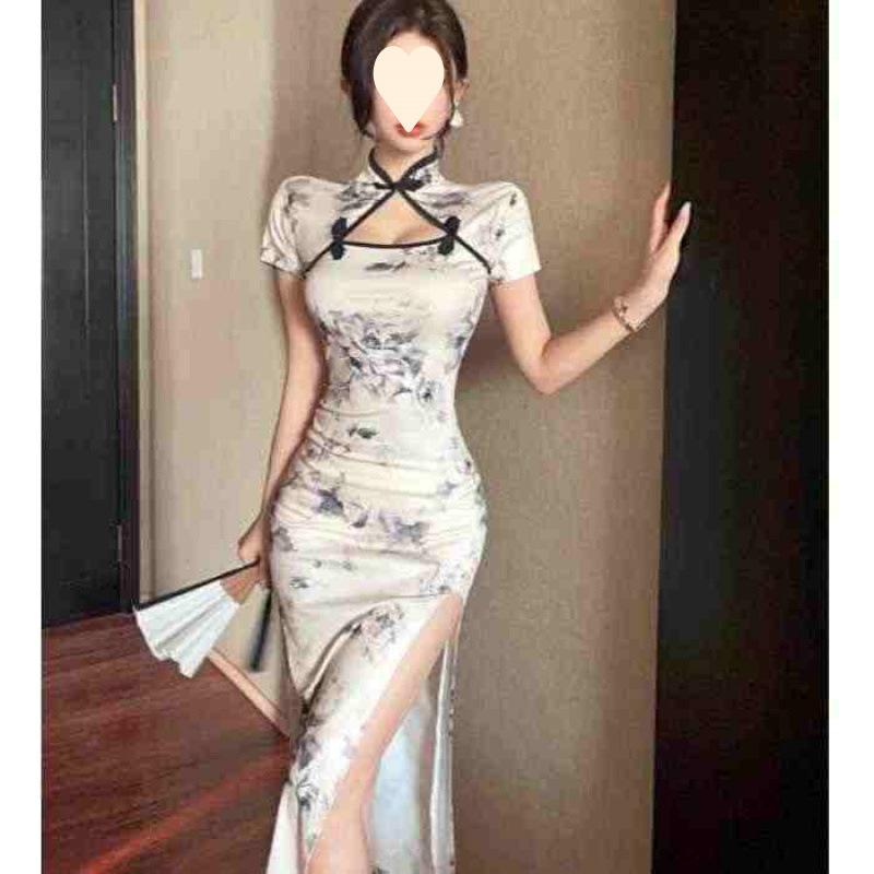 Summer new niche temperament retro printing improved split fork slim slim dress women