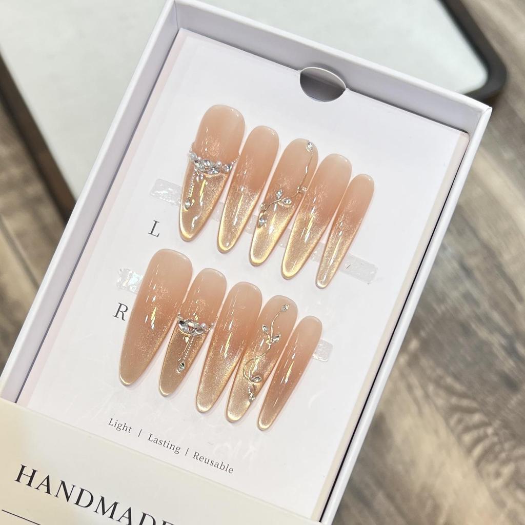 Handmade High-End Cat Eye Nude French Diamond Removable Press-On Nails
