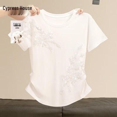Women's Summer Cotton Round Neck T-Shirt with Applique