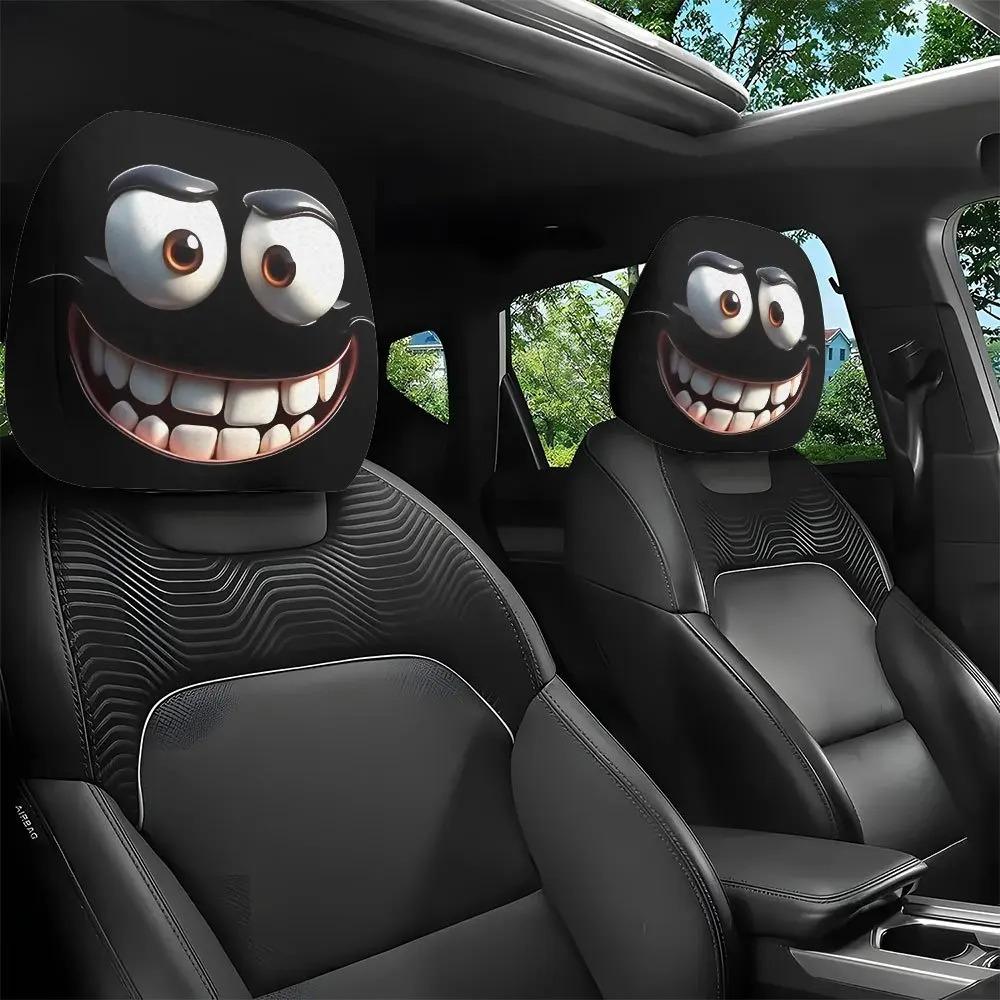 2pcs Cartoon Face Printed Car Pillowcase Soft Comfortable Decorative Cushion Cover Auto Seat Headrest Washable Polyester Fabric 2pcs