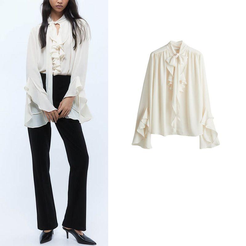 Summer New Women clothes French style Design Stand Collar Long sleeve Frill Neckline Lace-up Top 1264464