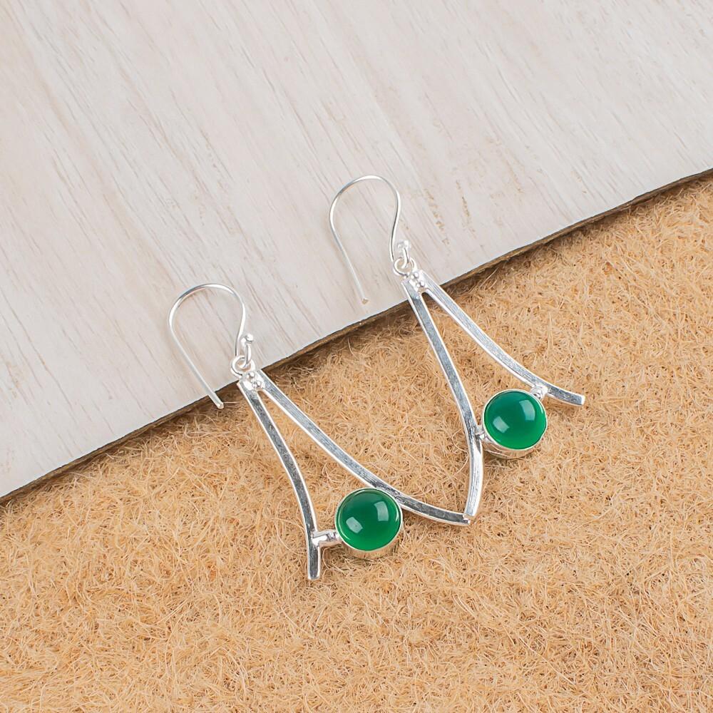 Natural Green Onyx Cab Gemstone 925 Sterling Silver Handcrafted Earrings 1.45" EE-66-33