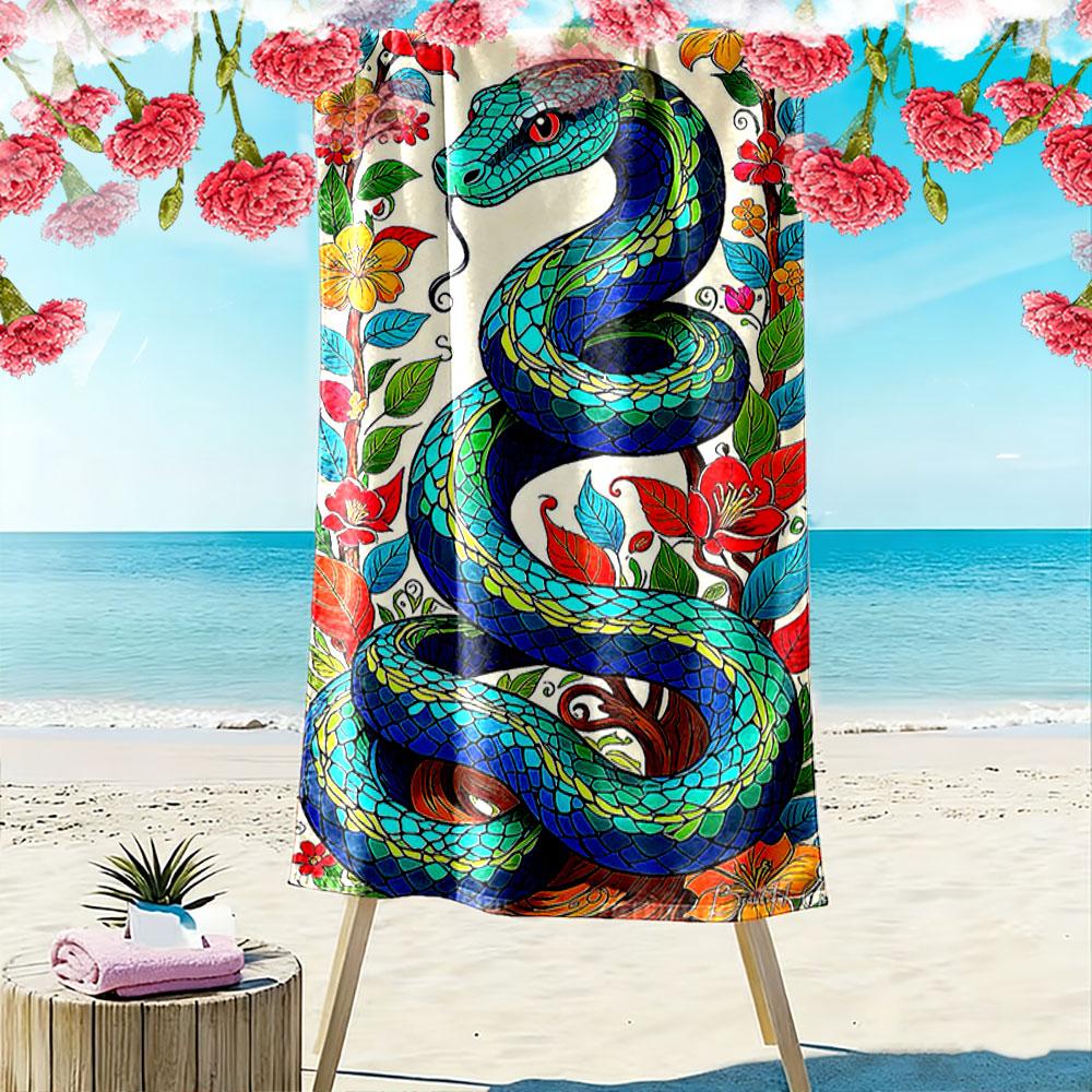 Vivid Serpent Garden Elegance Print Beach Towel, Quick Drying, Suitable for Travel, Outdoor Sports, Jogging, the Beach and Swimming, Gift