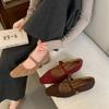 2025 Mary Jane Shoes Wedge Heel Pointed Versatile Retro Pleated Pointed Head Word with Shallow Mouth Small Leather Shoes Single Shoes Women