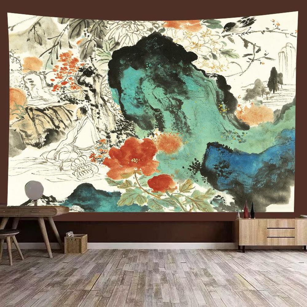 VIKAMA Japanese Ink Painting Tapestry, Zen Waterfall Mountain Path Oriental Wall Art