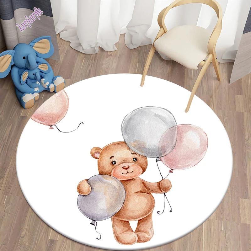 Cartoon Bear Balloon Round Carpet Kawaii Area Rugs Circle Carpets for Living Room Floor Mat Polyester Anti-Slip Mat for Children